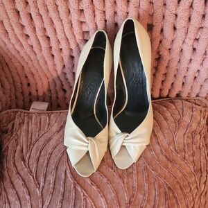 Salvatore Ferragamo Cream Peep-Toe Heels